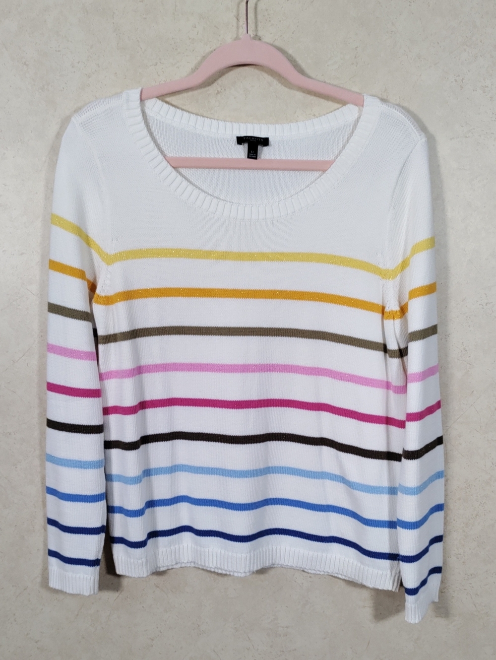I133 Talbots Cream Sweater W/ Multicolor Stripes PL NEW